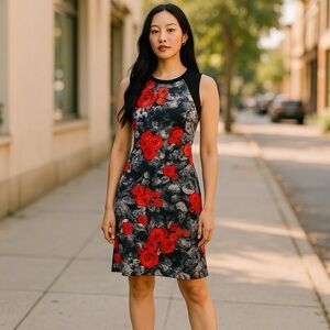 RW Flower Print Sleeveless Dress Black and Red Size XS